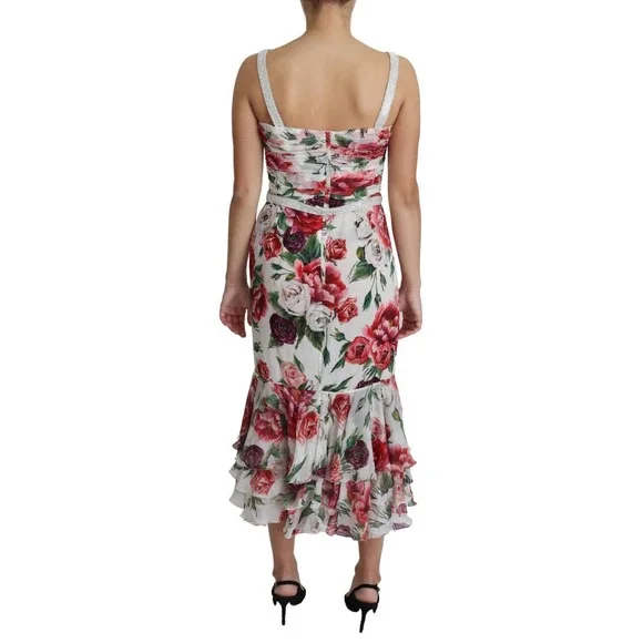 DOLCE & GABBANA White Peony Print Crystals Chiffon Midi Dress - Picture 2 of 5